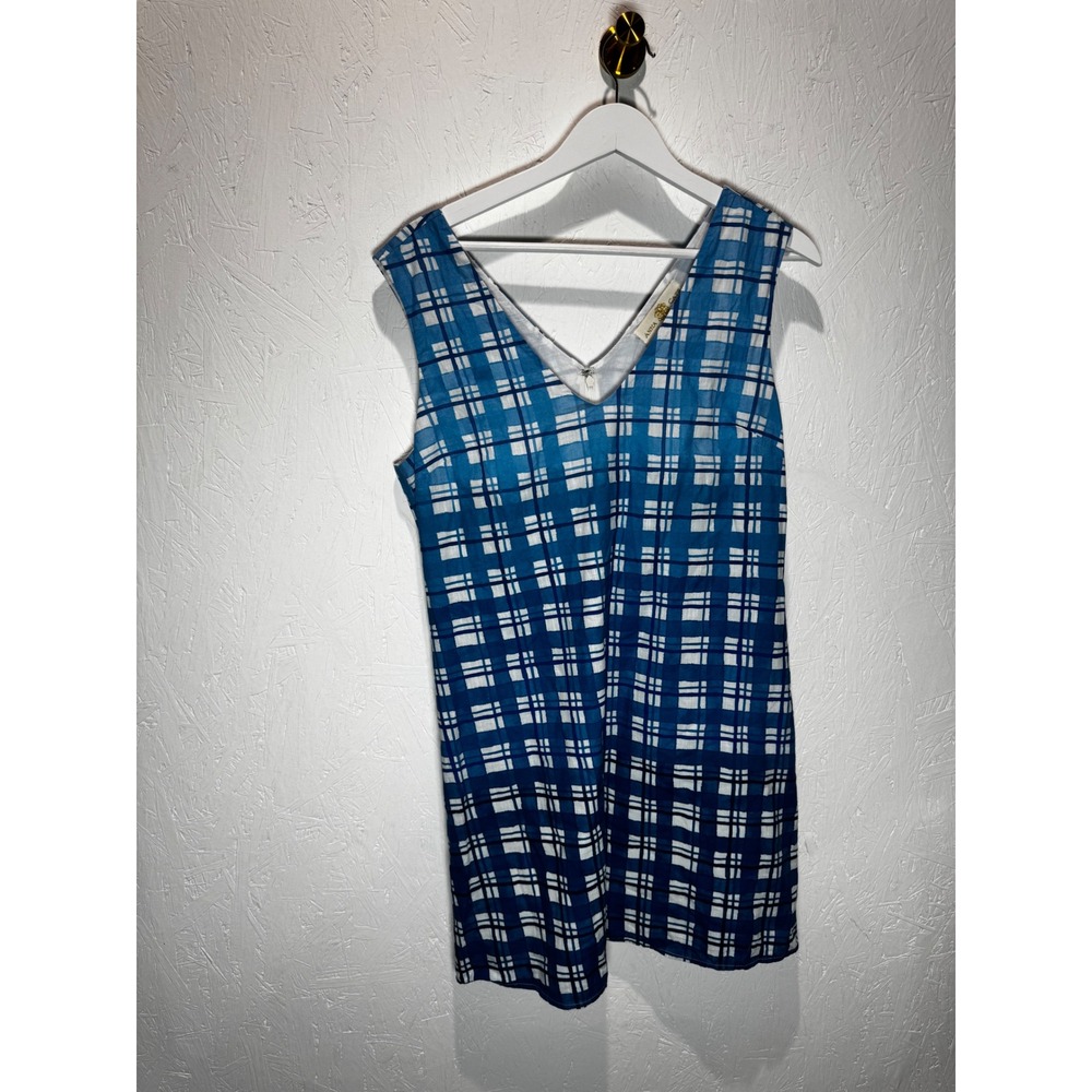 Anna Cate Womens Blue White Plaid Ombre V-Neck Cotton Sleeveless‎ Shift Dress M